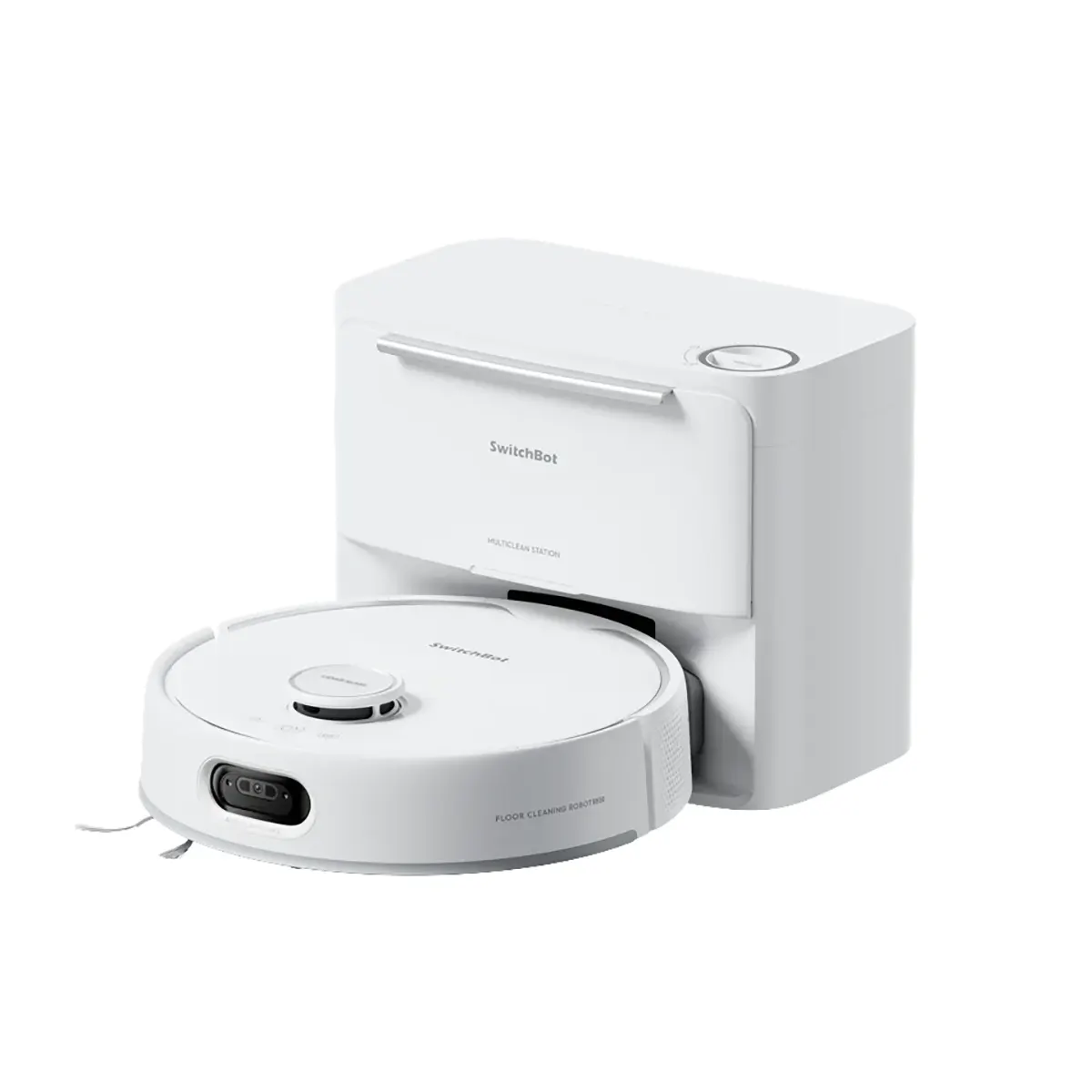 Ein SwitchBot S20 Saug- und Wischroboter – weiß von SwitchBot befindet sich in seiner Lade- und Reinigungsstation.