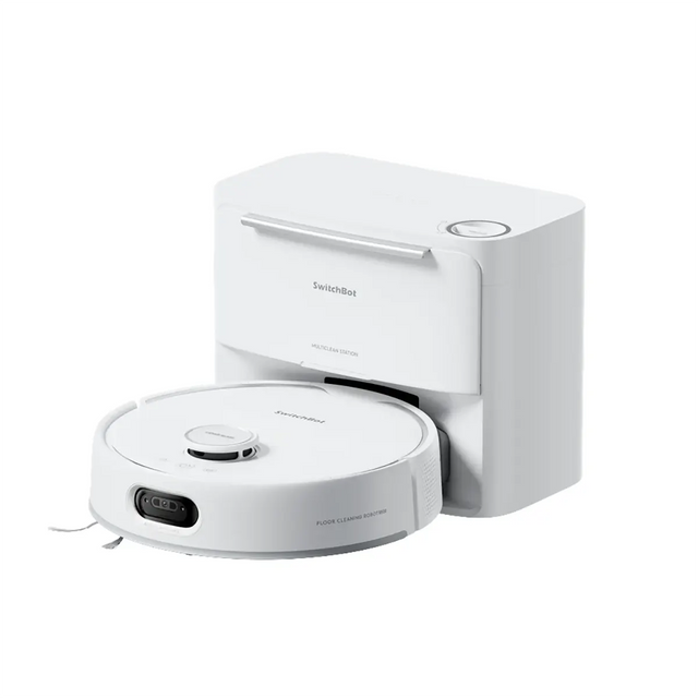 Ein SwitchBot S20 Saug- und Wischroboter – weiß von SwitchBot befindet sich in seiner Lade- und Reinigungsstation.