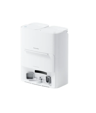 Ein weißer, moderner SwitchBot S20 Saug- und Wischroboter mit elegantem Design – ideal für den Smart-Home-Komfort und perfekt auf Ihren automatischen Futterautomaten abgestimmt, für müheloses Reinigen und Füttern.