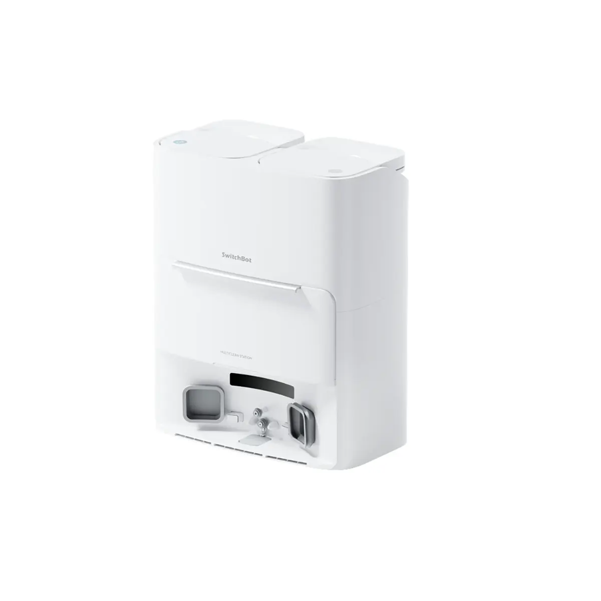 Ein weißer, moderner SwitchBot S20 Saug- und Wischroboter mit elegantem Design – ideal für den Smart-Home-Komfort und perfekt auf Ihren automatischen Futterautomaten abgestimmt, für müheloses Reinigen und Füttern.