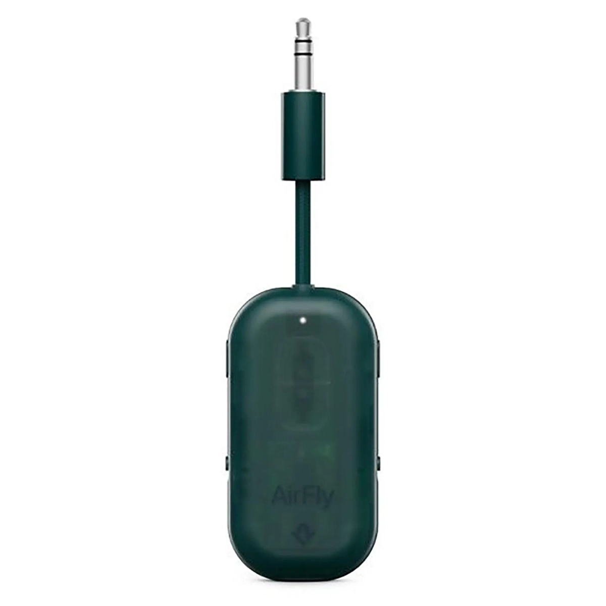 Ein „Twelve South AirFly Pro 2“ Bluetooth-Audioanschluss in Dunkelgrün mit kurzem Kabel und integriertem 3,5-mm-Audio-Stecker, der für die drahtlose Audioübertragung konzipiert ist.
