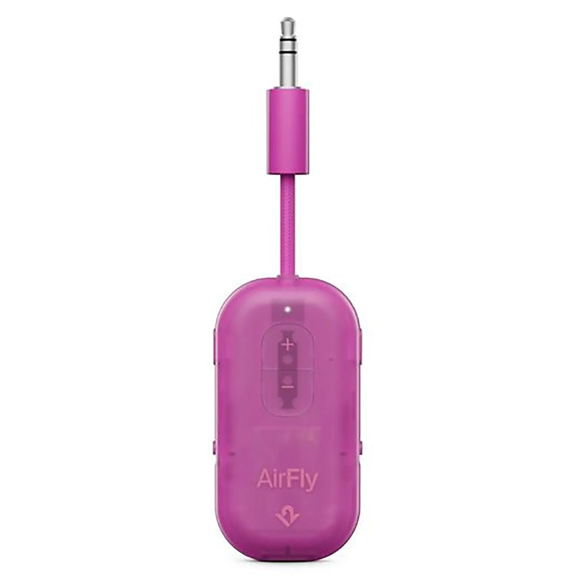 Twelve South AirFly Pro 2 Bluetooth-Audioanschluss in Lila, mit 3,5-mm-Klinkenanschluss und Lautstärketasten auf der Vorderseite, freigestellt vor weißem Hintergrund.