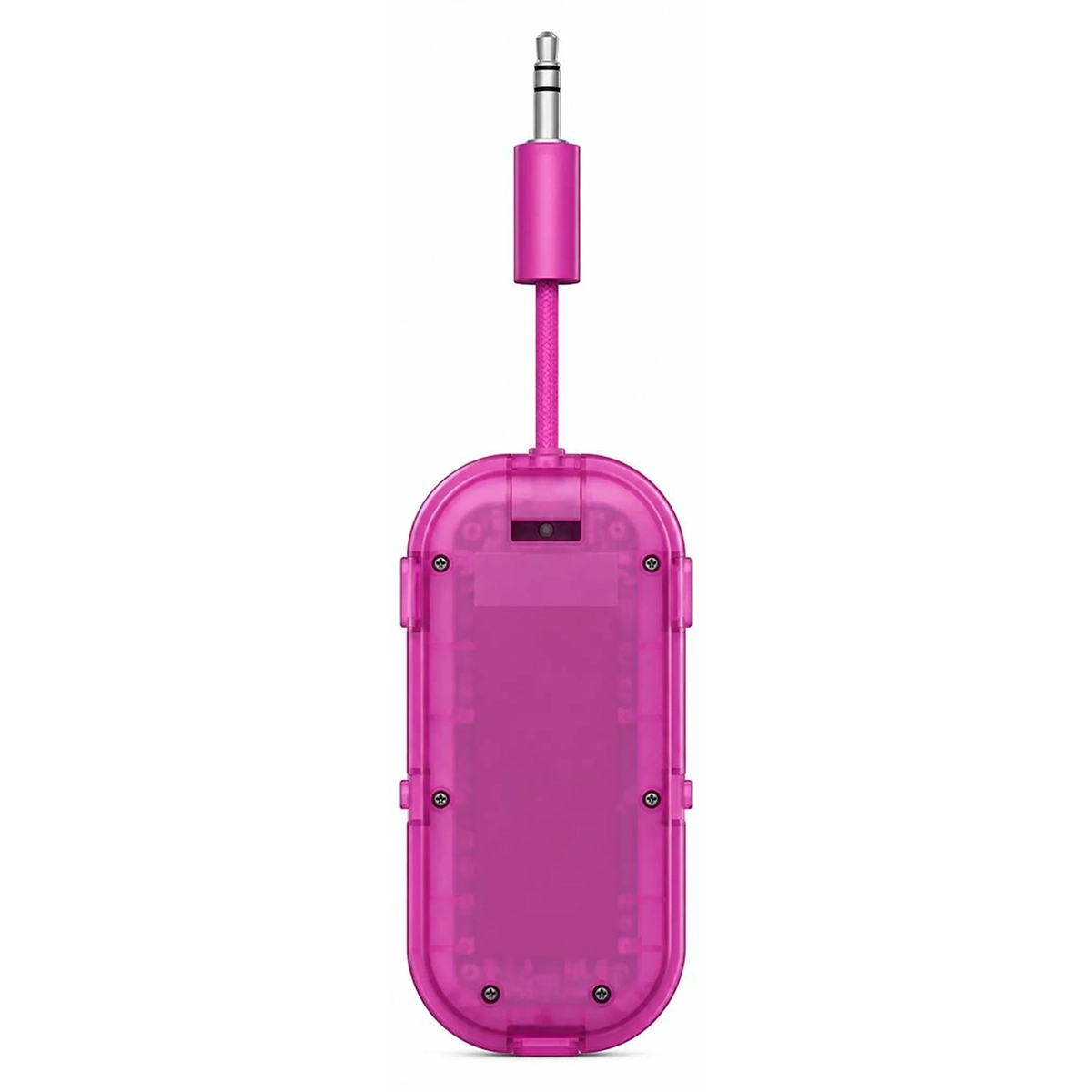 Ein violetter, durchsichtiger Bluetooth-Audioadapter von Twelve South, der „AirFly Pro 2“, mit einem Kabel und einem 3,5-mm-Audioanschluss an der Oberseite.