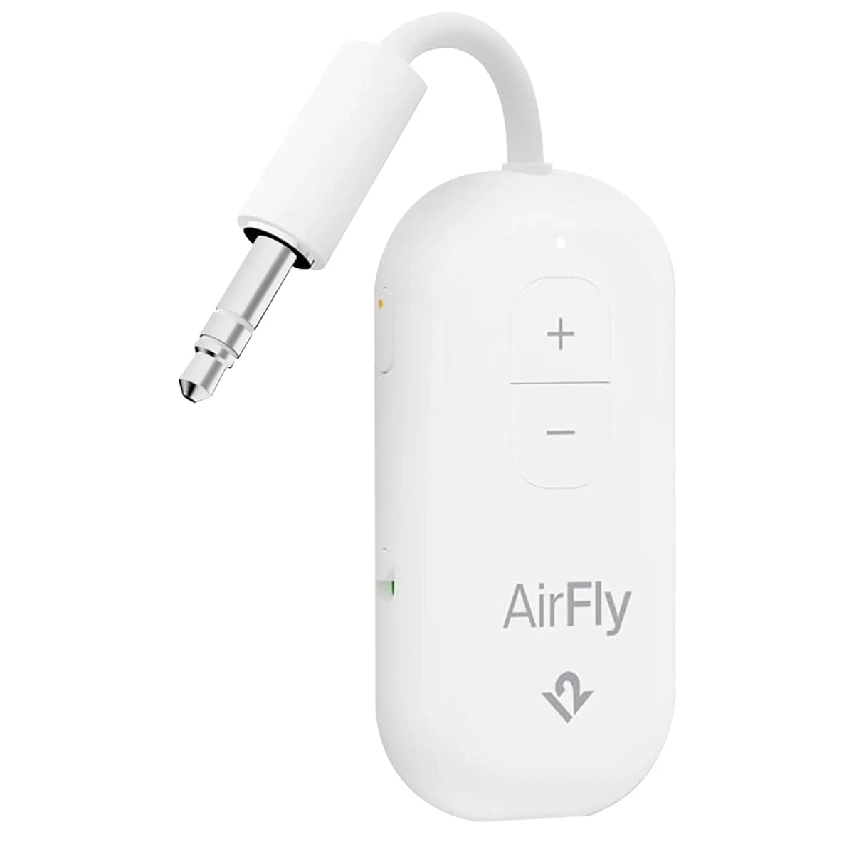 Der Twelve South AirFly Pro 2 Bluetooth-Audioanschluss in Weiß ist ein kabelloser Audio-Sender mit Lautstärketasten und einem integrierten 3,5-mm-Kopfhöreranschluss, über den Sie Ihre kabellosen Kopfhörer mühelos anschließen können – ein vielseitiger Bluetooth-Audioadapter für ungestörten Hörgenuss.