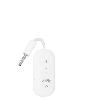 Twelve South AirFly Pro 2 Deluxe Edition Bluetooth-Audioanschluss in Weiß mit 3,5-mm-Stecker und Lautstärketasten, isoliert vor weißem Hintergrund – der perfekte kabellose Kopfhöreradapter von Twelve South für nahtloses kabelloses Hörvergnügen.
