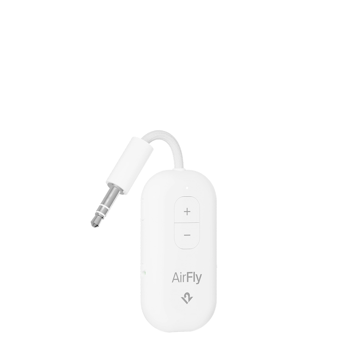 Twelve South AirFly Pro 2 Deluxe Edition Bluetooth-Audioanschluss in Weiß mit 3,5-mm-Stecker und Lautstärketasten, isoliert vor weißem Hintergrund – der perfekte kabellose Kopfhöreradapter von Twelve South für nahtloses kabelloses Hörvergnügen.