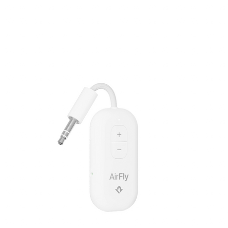 Twelve South AirFly Pro 2 Deluxe Edition Bluetooth-Audioanschluss in Weiß mit 3,5-mm-Stecker und Lautstärketasten, isoliert vor weißem Hintergrund – der perfekte kabellose Kopfhöreradapter von Twelve South für nahtloses kabelloses Hörvergnügen.