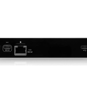 Rückansicht des Ubiquiti UniFi Cloud Key Gen2 Plus UCK-G2-PLUS UniFi-Controllers in Grau mit USB-C-, Reset-, USB 2.0- und Ethernet-Anschlüssen für die zentrale Verwaltung und einfache Integration mit UniFi Protect.