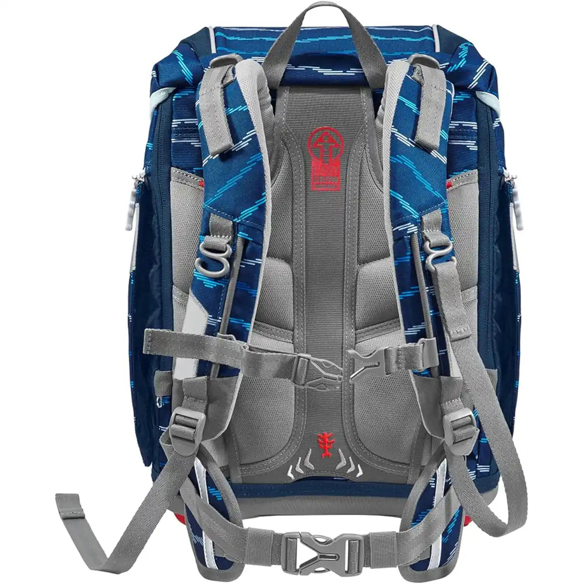 Der Step by Step Schulranzen-Set 2in1 Plus "Soccer Lars" (6-teilig) Rucksack in Blau und Grau ist von hinten abgebildet. Hervorzuheben sind die gepolsterten Gurte und die mehrfach verstellbaren Schnallen für bequemes Tragen.