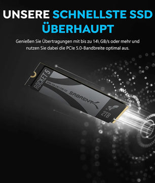 Die SABRENT Rocket 5 SB-RKT5-2TB NVMe SSD in Schwarz bietet ultraschnelle PCIe 5.0 Performance für höchste Datenübertragungen, wie im deutschen Werbetext hervorgehoben wird.