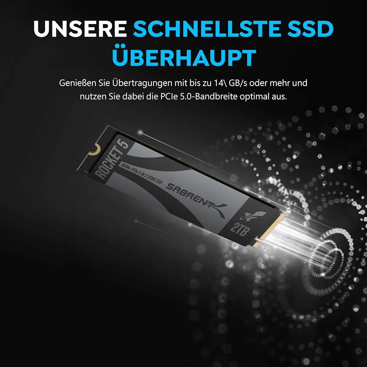 Die SABRENT Rocket 5 SB-RKT5-2TB NVMe SSD in Schwarz bietet ultraschnelle PCIe 5.0 Performance für höchste Datenübertragungen, wie im deutschen Werbetext hervorgehoben wird.