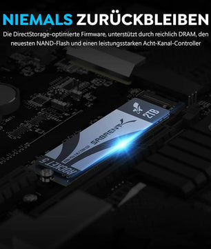 Eine SABRENT Rocket 5 SB-RKT5-2TB NVMe SSD - schwarz, installiert auf einem Mainboard, mit deutscher Beschriftung oben zur Hervorhebung der PCIe 5.0-Kompatibilität.