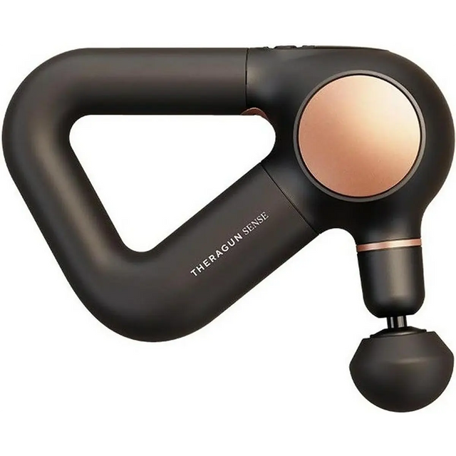Das Therabody Theragun Sense Massagegerät – schwarz zeichnet sich durch ein markantes Griffdesign und einen runden Massagekopf aus und bietet eine wirksame Perkussionstherapie zur Tiefenentspannung der Muskeln.
