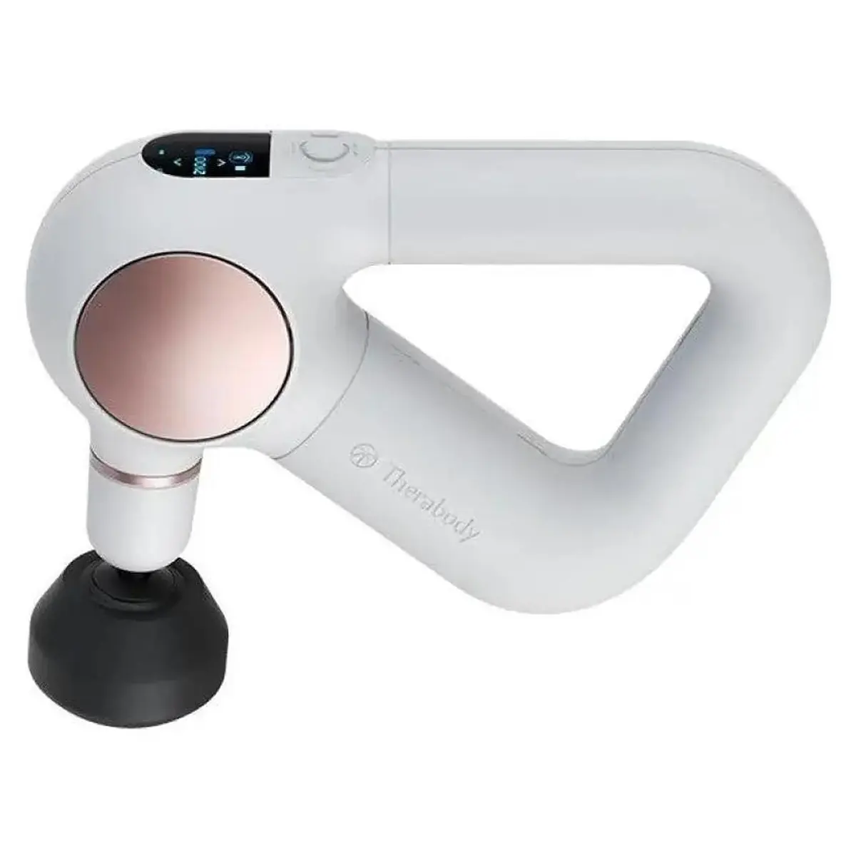 Das Therabody Theragun Sense Handmassagegerät in Weiß verfügt über einen dreieckigen Griff, ein digitales Display und einen runden Massagekopf – und bietet eine kraftvolle Perkussionsmassage, ähnlich wie die High-End-Modelle von Therabody.