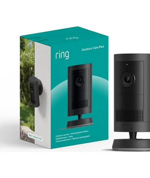 Hier ist der überarbeitete Satz unter Verwendung der von Ihnen bereitgestellten Produktdaten: Die Ring Außenkamera Plus Akku in Schwarz wird neben ihrer Verpackung gezeigt, mit Produktabbildung und Details – die kabellose Überwachungskamera von Ring überzeugt durch gestochen scharfe 2K-Auflösung.