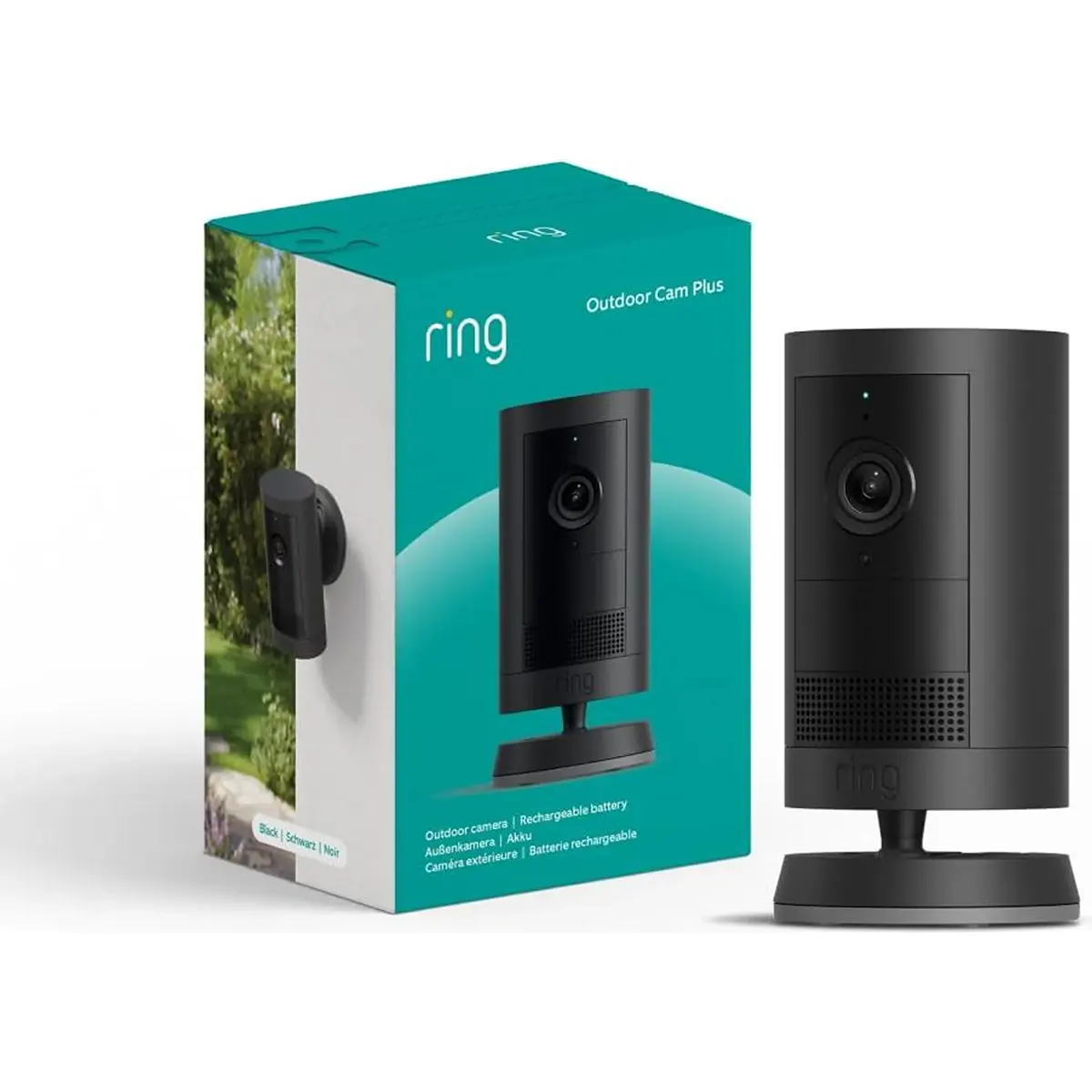 Hier ist der überarbeitete Satz unter Verwendung der von Ihnen bereitgestellten Produktdaten: Die Ring Außenkamera Plus Akku in Schwarz wird neben ihrer Verpackung gezeigt, mit Produktabbildung und Details – die kabellose Überwachungskamera von Ring überzeugt durch gestochen scharfe 2K-Auflösung.