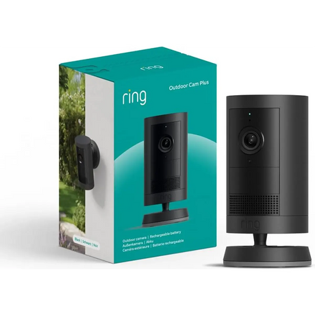 Hier ist der überarbeitete Satz unter Verwendung der von Ihnen bereitgestellten Produktdaten: Die Ring Außenkamera Plus Akku in Schwarz wird neben ihrer Verpackung gezeigt, mit Produktabbildung und Details – die kabellose Überwachungskamera von Ring überzeugt durch gestochen scharfe 2K-Auflösung.
