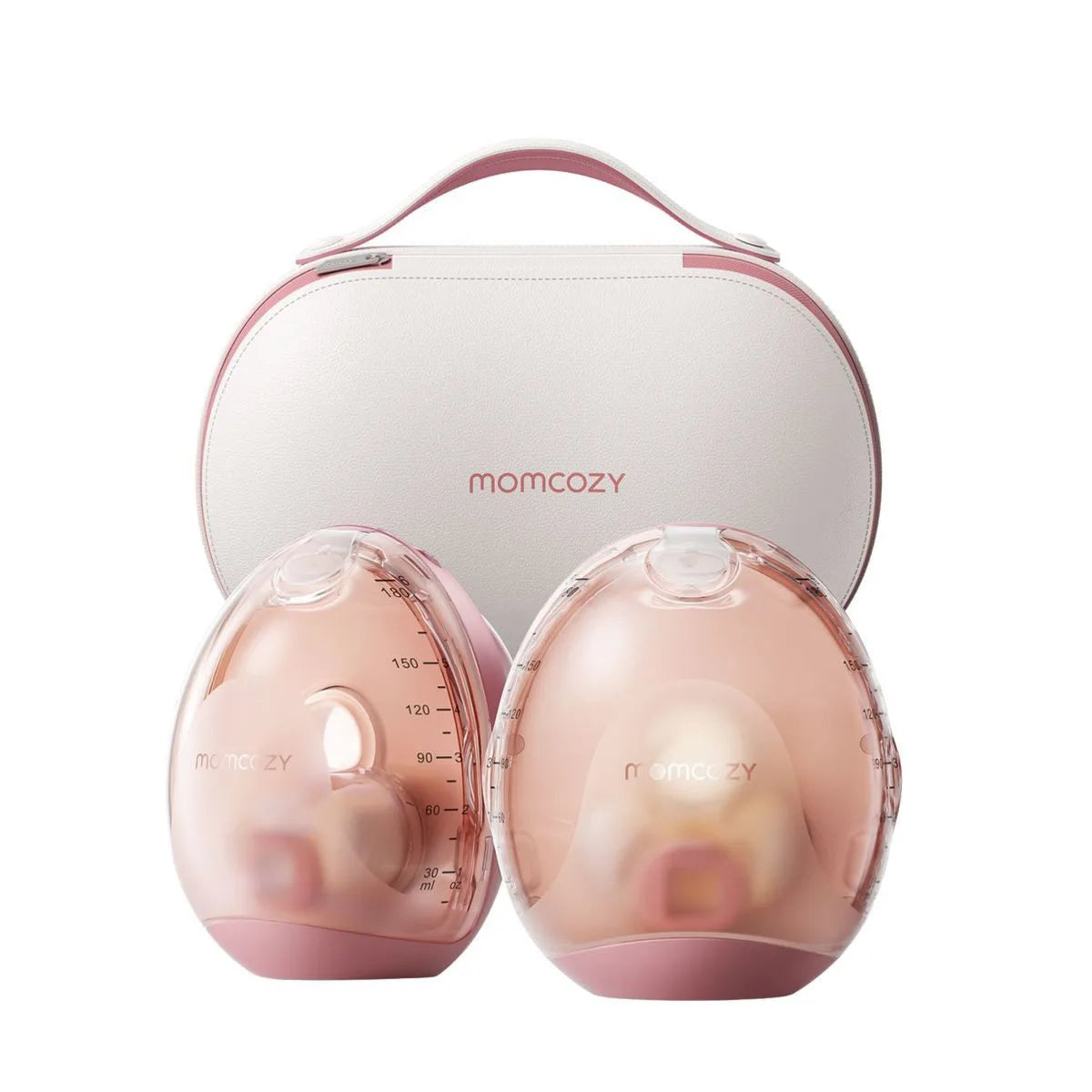 Zwei Momcozy Air 1 Mobile Milchpumpen in Rosé und ein weißes Momcozy-Trageetui werden auf weißem Hintergrund präsentiert - perfekt für freihändiges Abpumpen unterwegs.