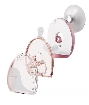 Die Momcozy Air 1 Mobile Milchpumpe - rosé, eine kabellose Doppel-Milchpumpe mit transparentem Design, Messmarkierungen, und ultra-schlankem In-Bra-Design, wird in Einzelteilen gezeigt.