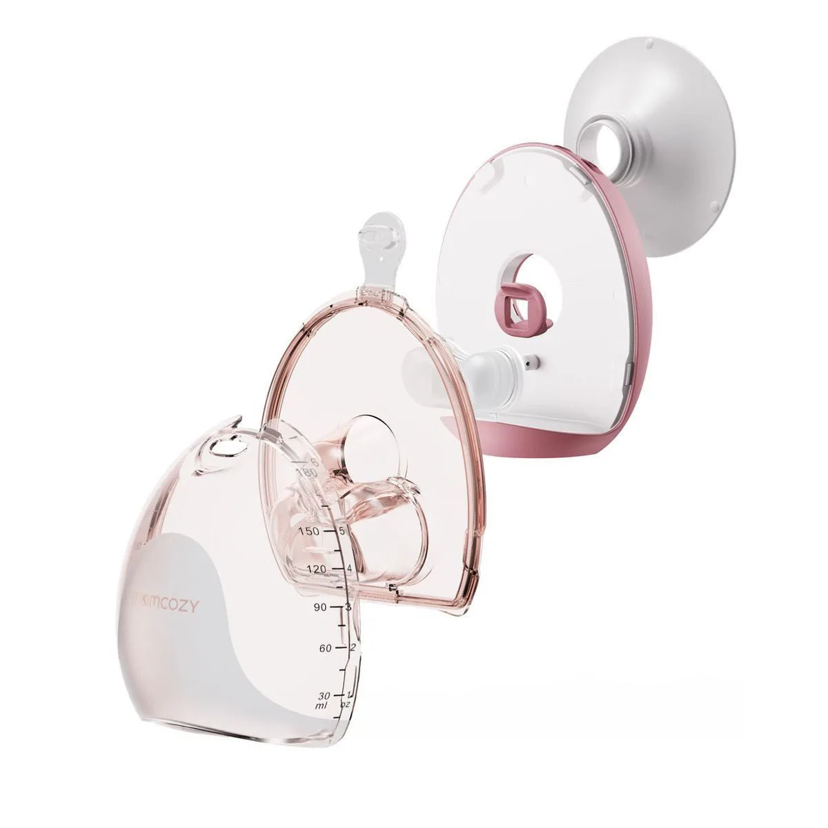 Die Momcozy Air 1 Mobile Milchpumpe - rosé, eine kabellose Doppel-Milchpumpe mit transparentem Design, Messmarkierungen, und ultra-schlankem In-Bra-Design, wird in Einzelteilen gezeigt.