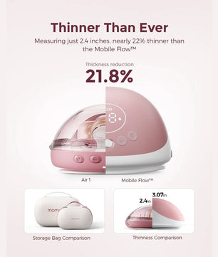 Vergleich der beiden roséfarbenen Momcozy Milchpumpen: Die Air 1 Mobile mit ultra-schlankem In-Bra-Design ist 21,8 % dünner als die Air 1 - für noch diskreteres, freihändiges Abpumpen.
