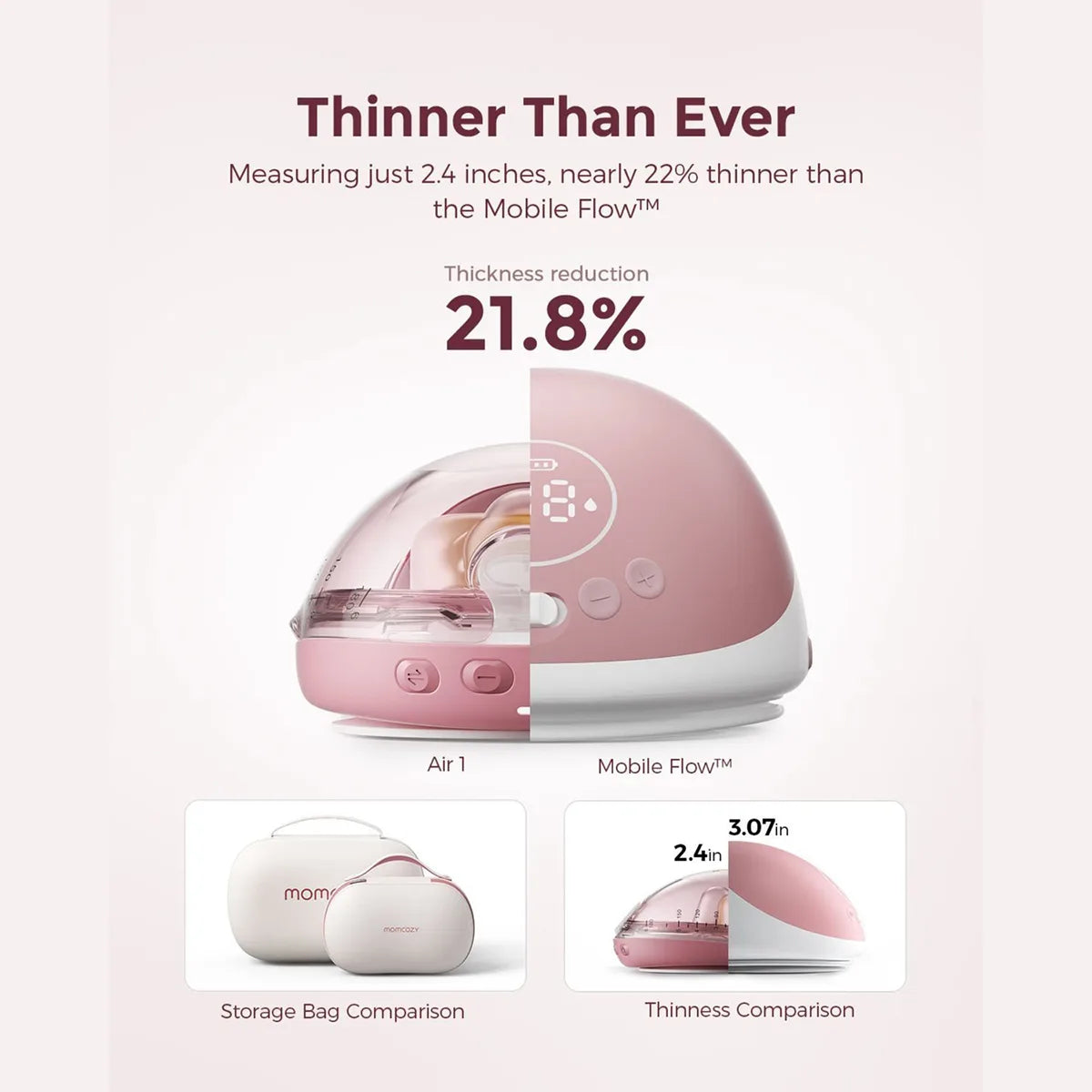 Vergleich der beiden roséfarbenen Momcozy Milchpumpen: Die Air 1 Mobile mit ultra-schlankem In-Bra-Design ist 21,8 % dünner als die Air 1 - für noch diskreteres, freihändiges Abpumpen.