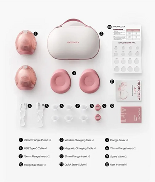 Die Momcozy Air 1 Mobile Milchpumpe - rosé von Momcozy verfügt über ultraschlankes In-Bra-Design, rosa Teile, eine Ladehülle, Kabel, Flansche und Anleitungen - alles übersichtlich angeordnet.