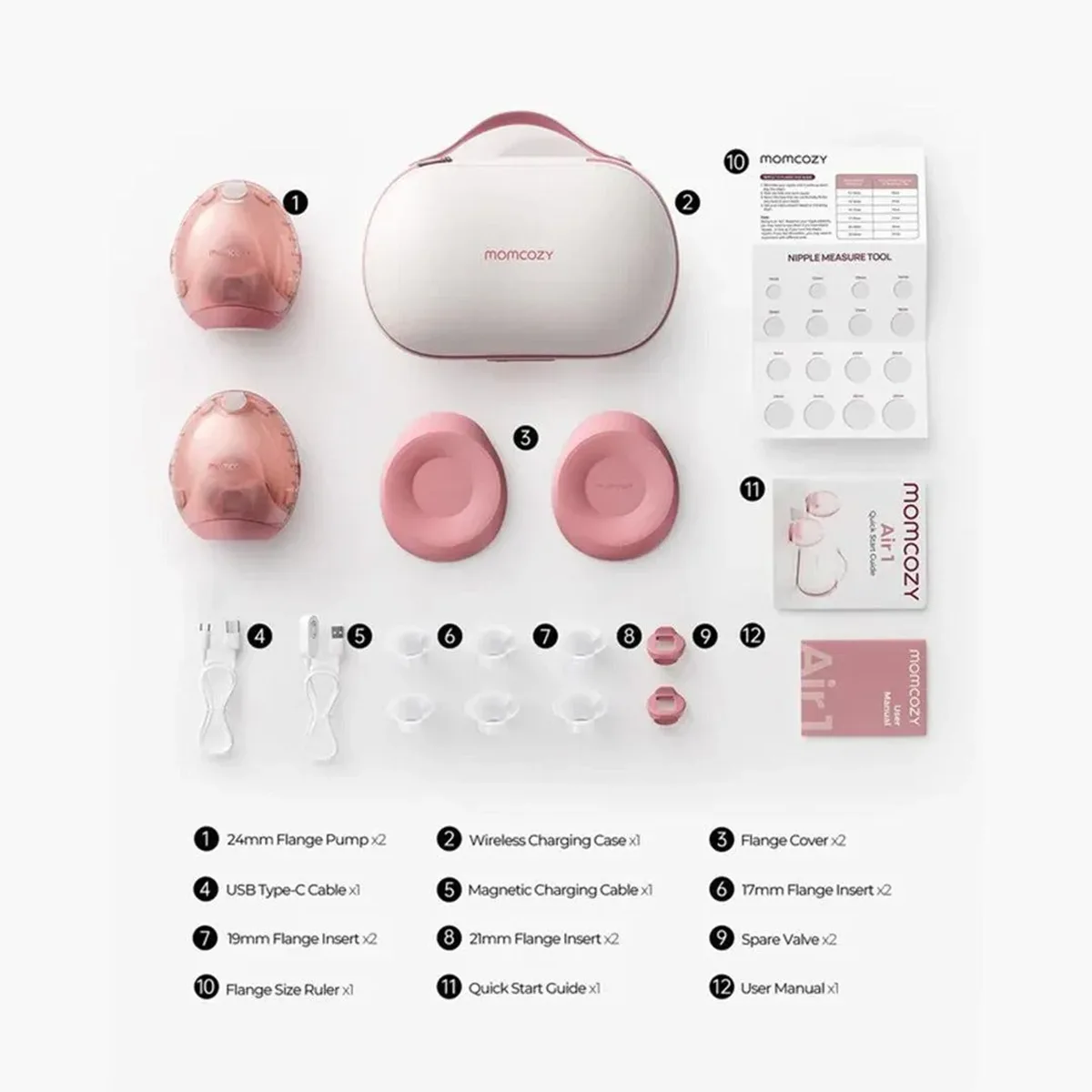 Die Momcozy Air 1 Mobile Milchpumpe - rosé von Momcozy verfügt über ultraschlankes In-Bra-Design, rosa Teile, eine Ladehülle, Kabel, Flansche und Anleitungen - alles übersichtlich angeordnet.