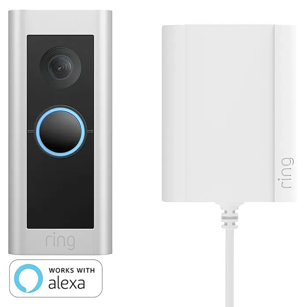 Die „Ring Video Doorbell Pro 2 – silber“ von Ring, abgebildet mit dem im Lieferumfang enthaltenen Türklingelmodul und einem „Works with Alexa“-Logo in der unteren linken Ecke, ist eine intelligente Video-Türklingel für die nahtlose Videoüberwachung Ihres Zuhauses.