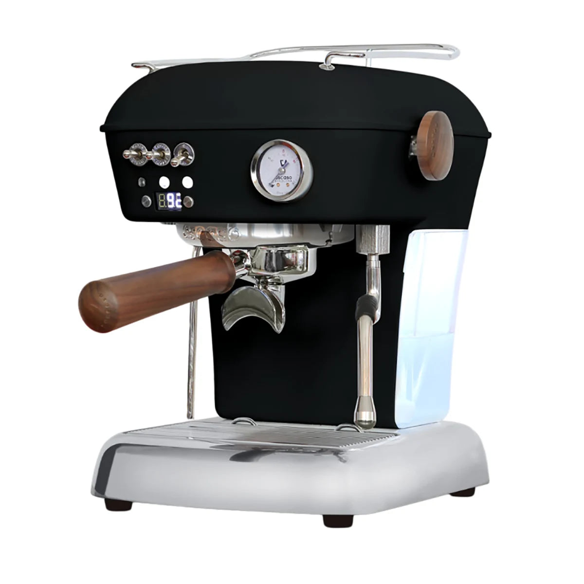 Die Ascaso Dream PID Espressomaschine von Ascaso hat eine schwarze Oberfläche, Holzakzente und ein Manometer auf der Vorderseite - ideal für Home-Baristas, die Wert auf Präzision und Stil legen.