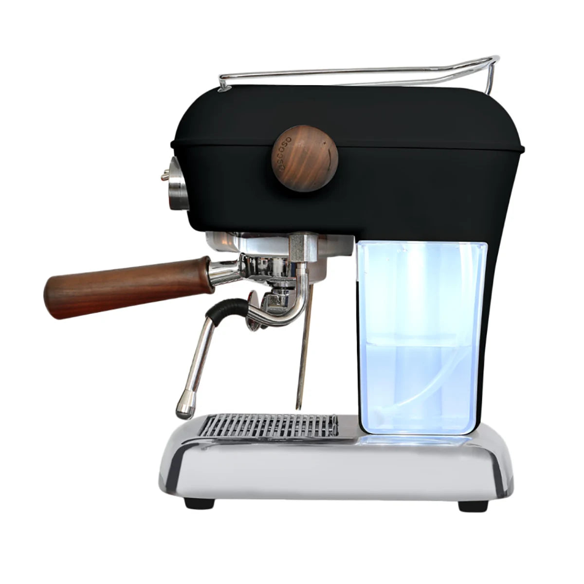 Die Ascaso Dream PID Espressomaschine von Ascaso hat ein elegantes schwarzes Design, einen Holzgriff und einen beleuchteten Wassertank - ideal für jeden Barista zu Hause. Abgebildet im Profil.
