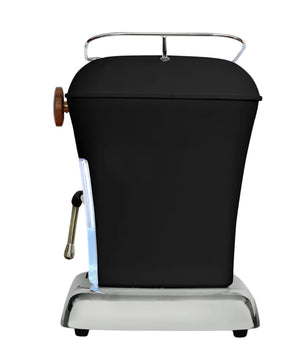 Die Ascaso Dream PID Espressomaschine von Ascaso hat eine schwarze Oberfläche, einen Holzgriff und metallische Akzente - von vorne gesehen vor einem weißen Hintergrund - ideal für Home-Baristas, die Präzision schätzen.