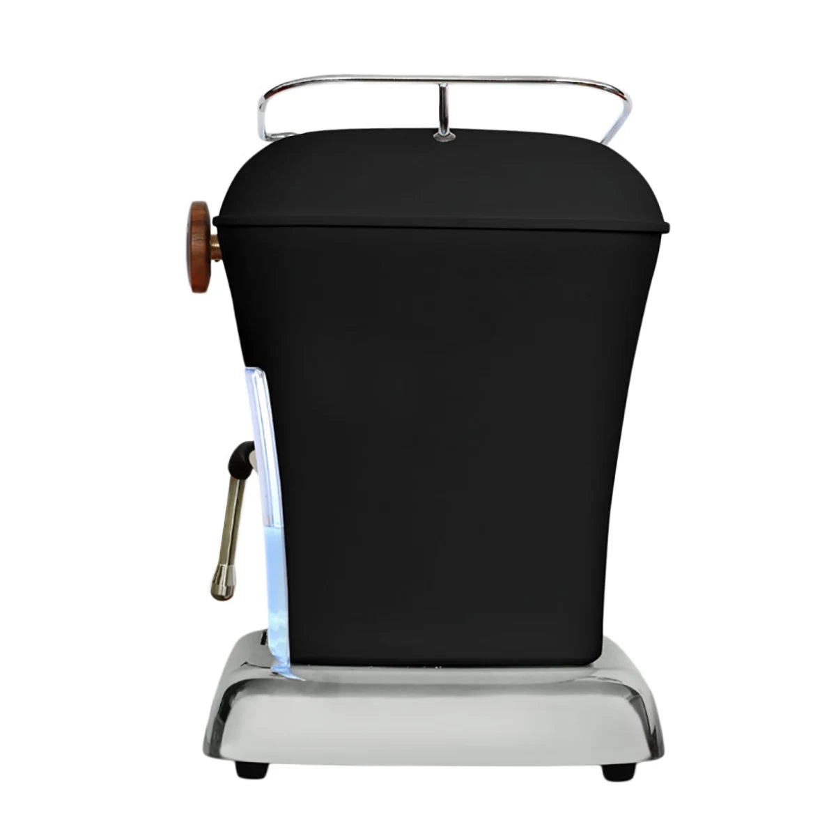 Die Ascaso Dream PID Espressomaschine von Ascaso hat eine schwarze Oberfläche, einen Holzgriff und metallische Akzente - von vorne gesehen vor einem weißen Hintergrund - ideal für Home-Baristas, die Präzision schätzen.