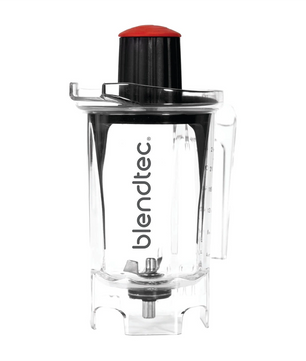 Der „Blendtec Twister Mixbehälter – schwarz“ von Blendtec verfügt über einen Griff, einen schwarzen, patentierten Twister-Deckel und ein sichtbares Messersystem – ideal zum Mixen von Nussbutter.