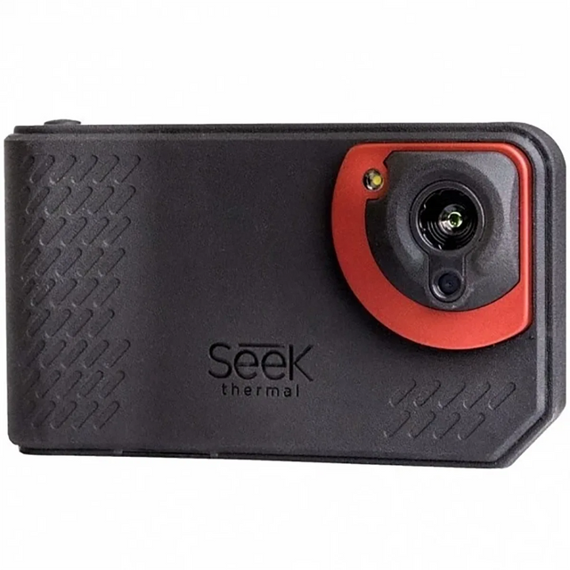 Die Seek Thermal SHOT PRO Wärmebildkamera in schwarz von Seek Thermal hat einen roten Akzent um das Objektiv und ist für Smartphones geeignet.