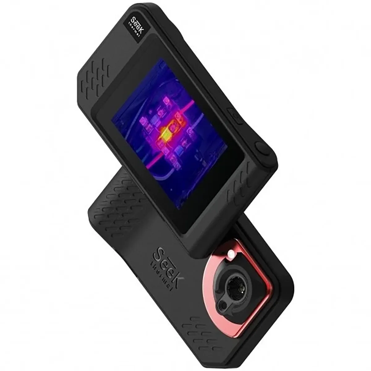 Die Seek Thermal SHOT PRO Wärmebildkamera von Seek Thermal zeigt auf ihrem Display eine farbenfrohe Wärmebildkarte.