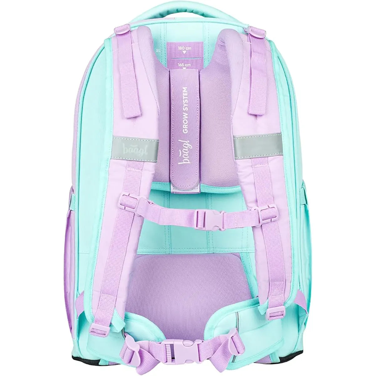 Der Baagl Skate Max Schulrucksack in rosa verfügt über verstellbare, gepolsterte Gurte, Schnallen und eine praktische Skateboardhalterung, hier von hinten.