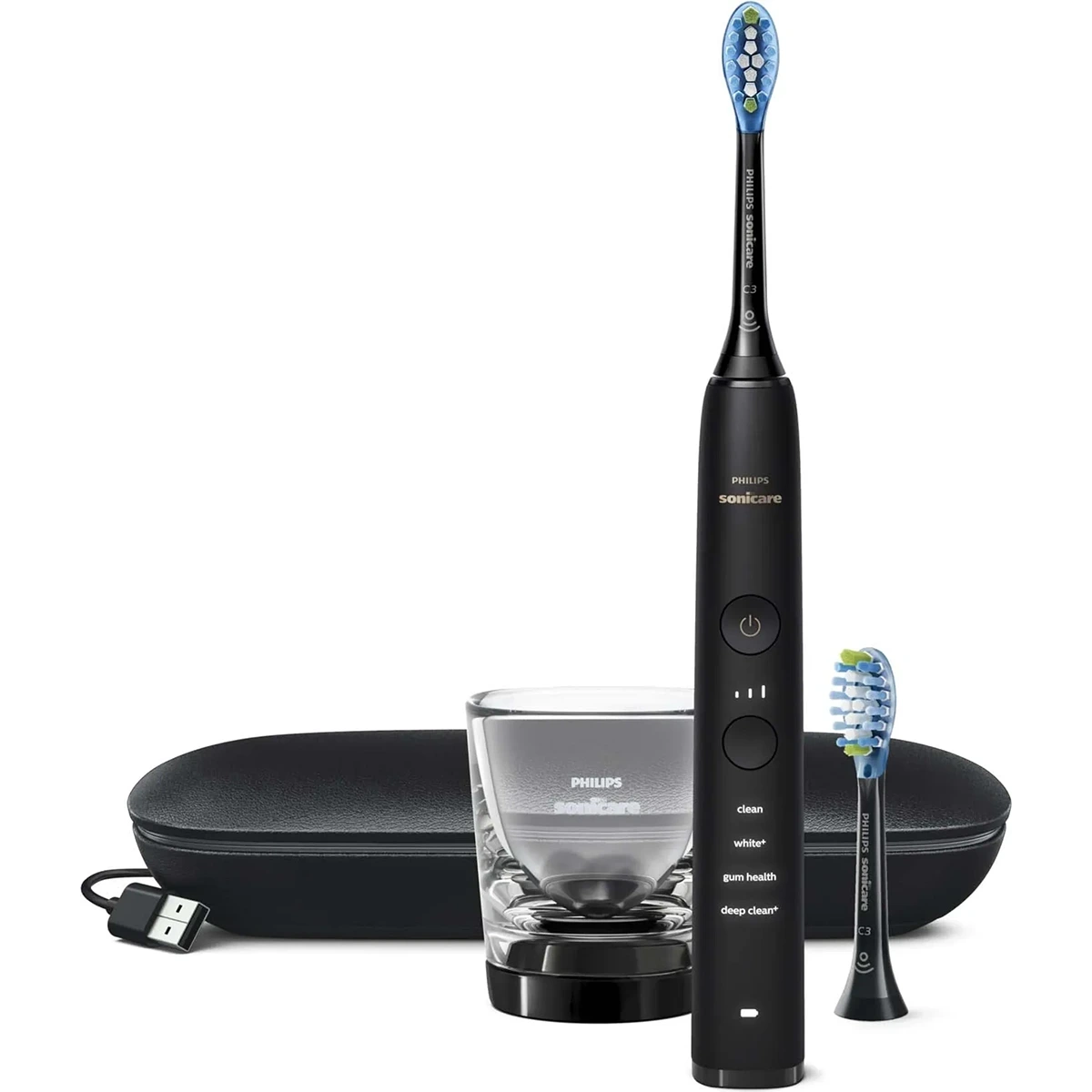 Die Philips DiamondClean 9000 HX9913/18 Schallzahnbürste in Schwarz von Philips kommt mit Ladeglas, Ersatzbürstenkopf, Reisetui und USB-Kabel für effektive Plaque-Entfernung.