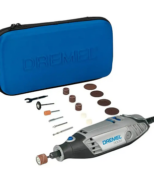 Dremel 3000-15 Multifunktionswerkzeug – grau von Dremel, inklusive Zubehör, Spannschlüssel und blauer Transportbox auf weißem Hintergrund – ideal als Elektrowerkzeug für Heimwerker.