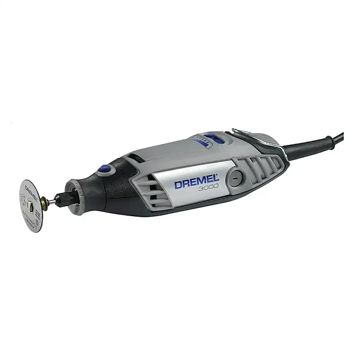 Ein Dremel 3000-15 Multifunktionswerkzeug – grau von Dremel mit aufgesetzter Trennscheibe, dargestellt auf weißem Hintergrund – ein ideales Elektrowerkzeug für Heimwerker.