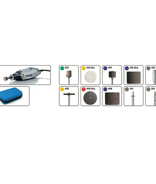 Das Dremel 3000-15 Multifunktionswerkzeug in Grau von Dremel wird zusammen mit verschiedenen Aufsätzen und einem blauen Transportkoffer gezeigt, die alle in separaten Verpackungen enthalten sind – damit ist es die ideale Elektrowerkzeug-Lösung für Heimwerker, die vielseitige DIY-Projekte umsetzen möchten.