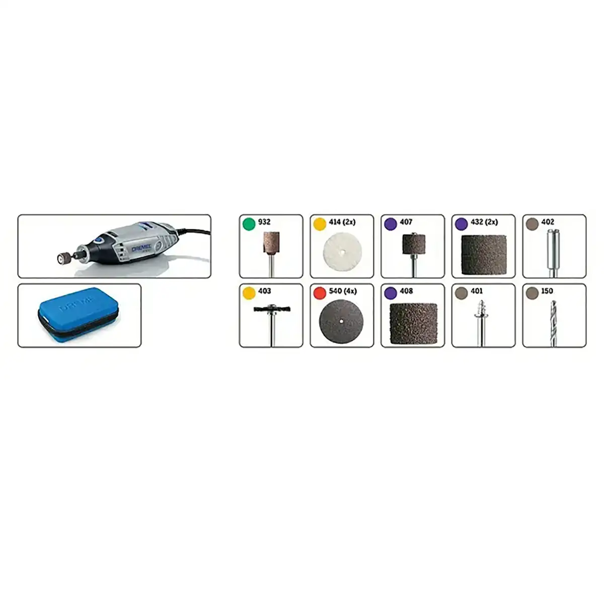 Das Dremel 3000-15 Multifunktionswerkzeug in Grau von Dremel wird zusammen mit verschiedenen Aufsätzen und einem blauen Transportkoffer gezeigt, die alle in separaten Verpackungen enthalten sind – damit ist es die ideale Elektrowerkzeug-Lösung für Heimwerker, die vielseitige DIY-Projekte umsetzen möchten.