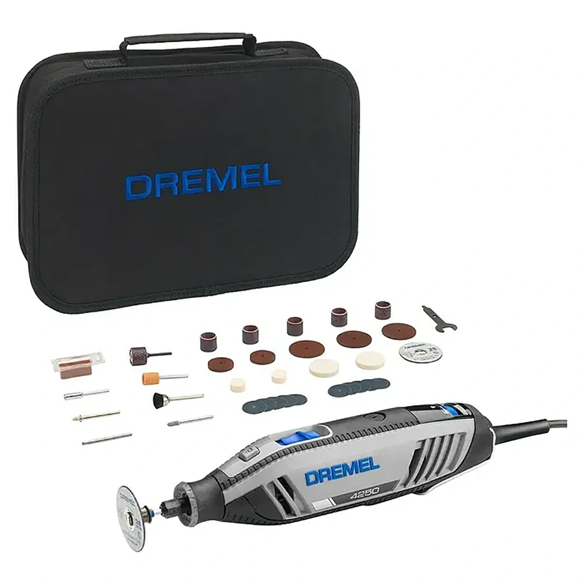 Das Dremel 4250/35 Multifunktionswerkzeug – grau ist ein vielseitiges Rotationswerkzeug-Set von Dremel, komplett mit Zubehör und einem schwarzen Transportkoffer mit dem charakteristischen blauen Dremel-Logo. Dieses Werkzeug eignet sich ideal für Detailarbeiten und Präzisionsaufgaben.