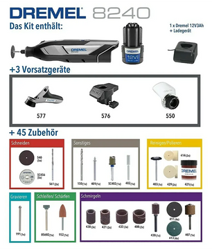 Das Dremel 8240-3/45 Multifunktionswerkzeug in Grau enthält ein Rotationswerkzeug, Akku, Ladegerät, 3 Aufsätze und 45 Zubehörteile für vielseitige Aufgaben. Marke: Dremel.