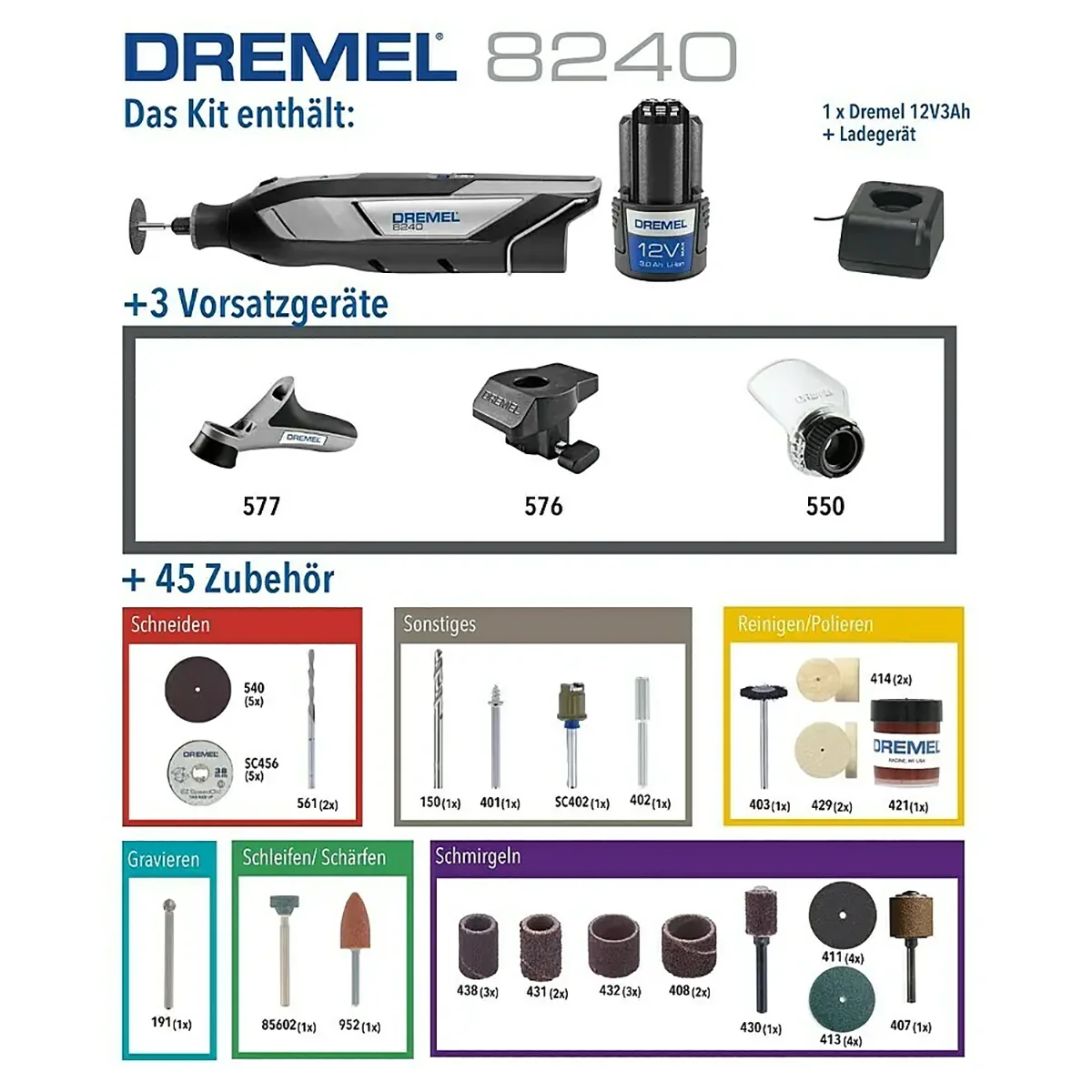 Das Dremel 8240-3/45 Multifunktionswerkzeug in Grau enthält ein Rotationswerkzeug, Akku, Ladegerät, 3 Aufsätze und 45 Zubehörteile für vielseitige Aufgaben. Marke: Dremel.