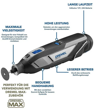 Das Dremel 8240-3/45 Multifunktionswerkzeug in Grau bietet Akkulaufzeit, starke Leistung und breite Kompatibilität - das ideale Werkzeug für vielseitige Anwendungen.