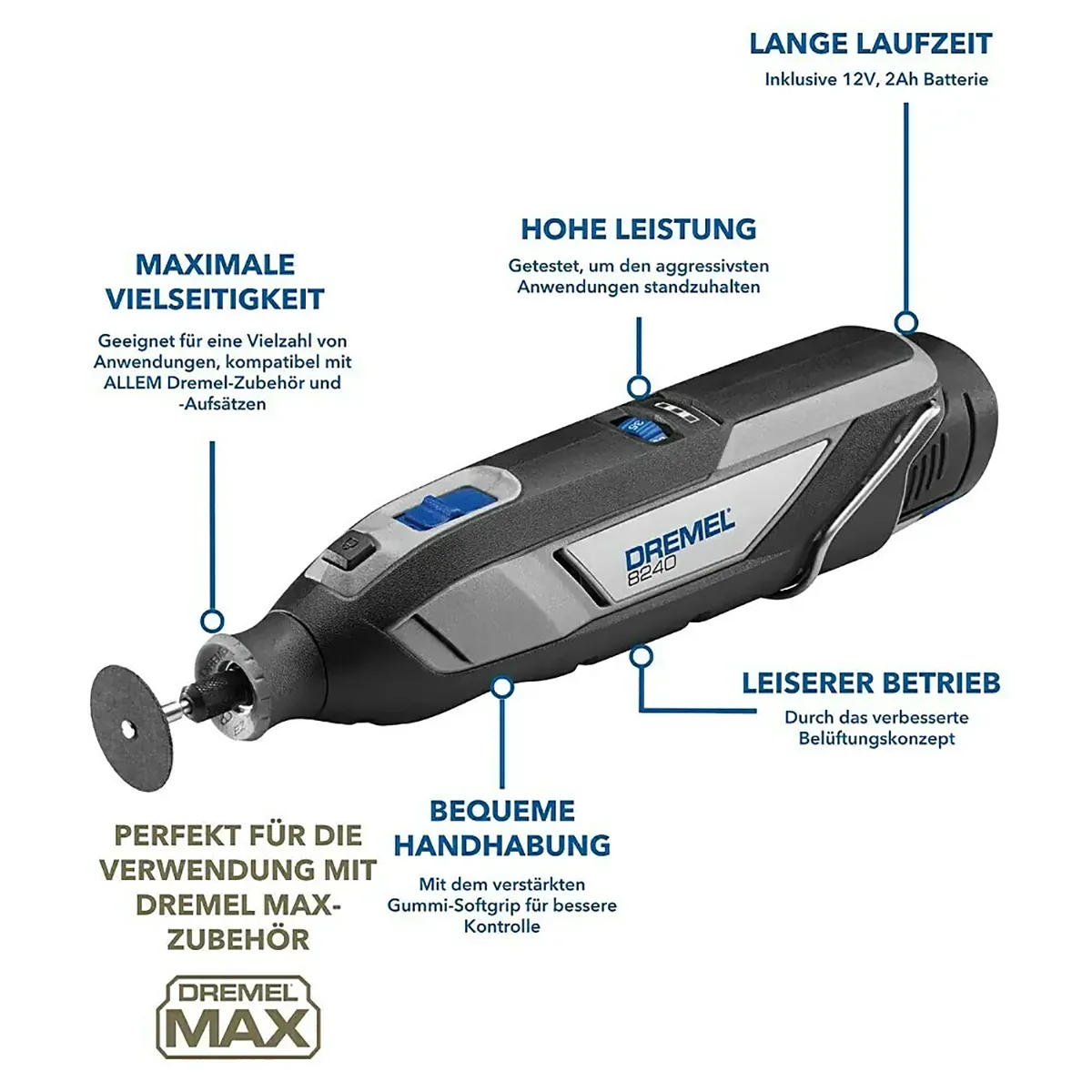 Das Dremel 8240-3/45 Multifunktionswerkzeug in Grau bietet Akkulaufzeit, starke Leistung und breite Kompatibilität - das ideale Werkzeug für vielseitige Anwendungen.