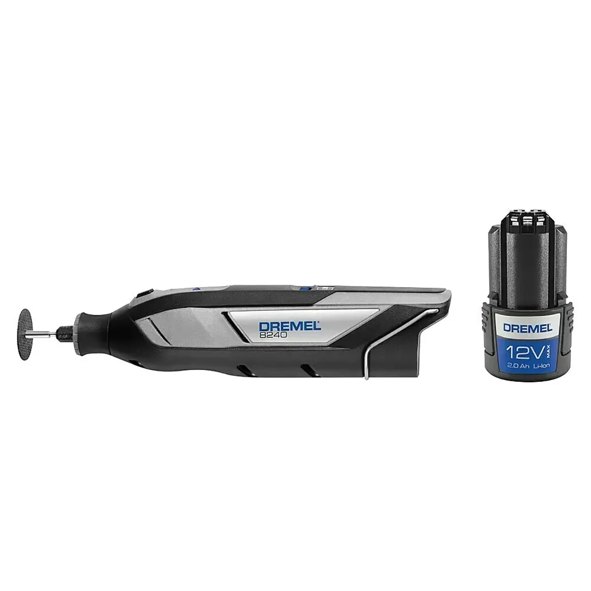A Dremel 8240-3/45 Multifunktionswerkzeug in grau von Dremel mit montierter Trennscheibe und separatem 12V Akku-Werkzeug Akku.