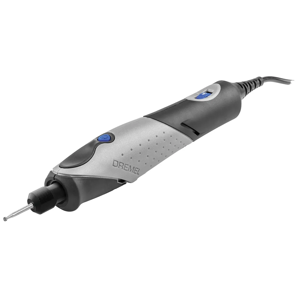 Das Dremel Stylo+ Multifunktionswerkzeug – grau von Dremel ist ein kompaktes Präzisionswerkzeug mit einer spitzen Spitze, einem schwarz-grauen Griff und einem Netzkabel – damit eignet es sich ideal für detailreiche Arbeiten und ist vielseitig genug, um als Multifunktionswerkzeug für Ihre kreativen Projekte eingesetzt zu werden.