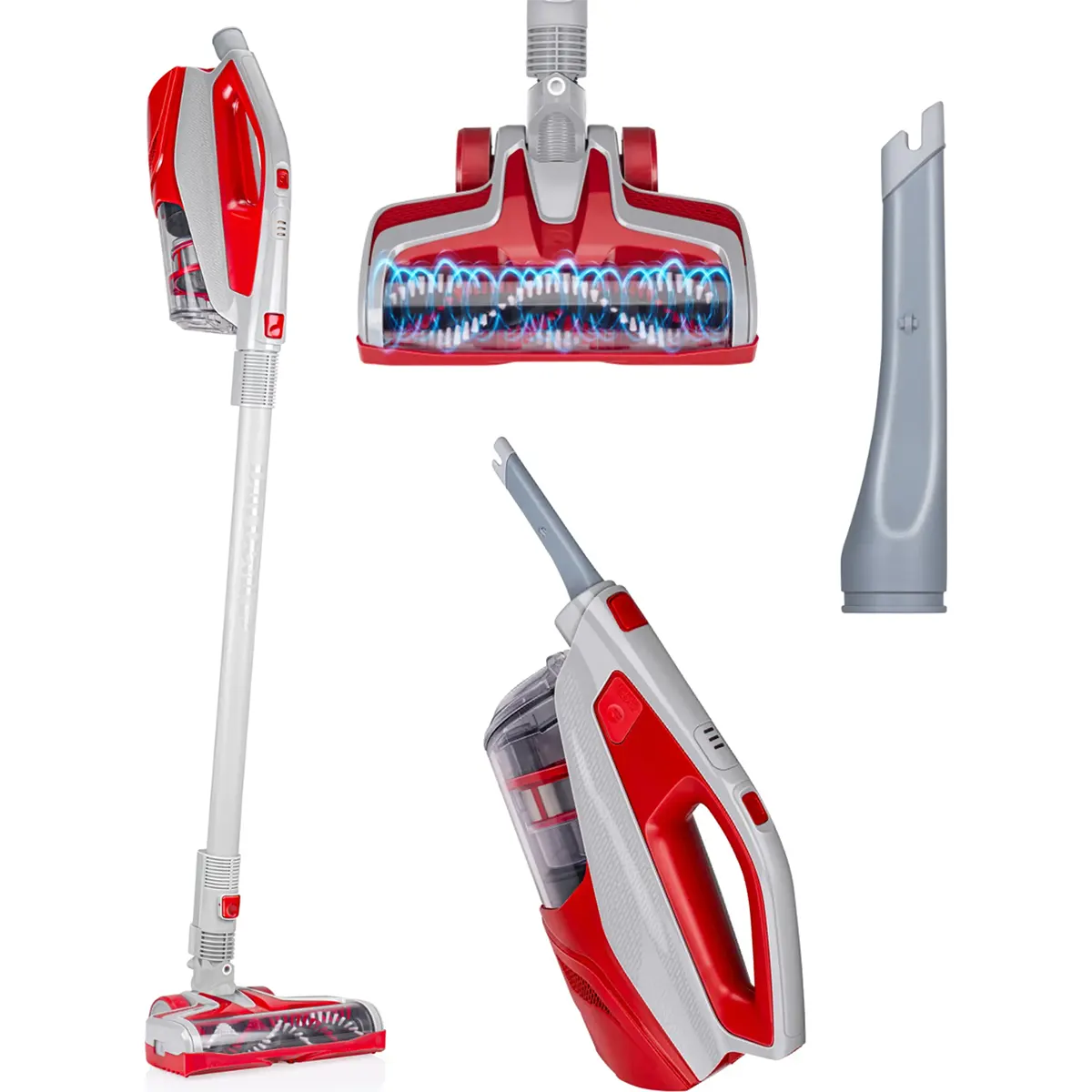 Der Dirt Devil DD9003 Akku Staubsauger in rot wird aus verschiedenen Blickwinkeln gezeigt. Er verfügt über ein kabelloses Staubsauger-Design mit einem abnehmbaren Handstaubsauger und verschiedenen Düsenaufsätzen.